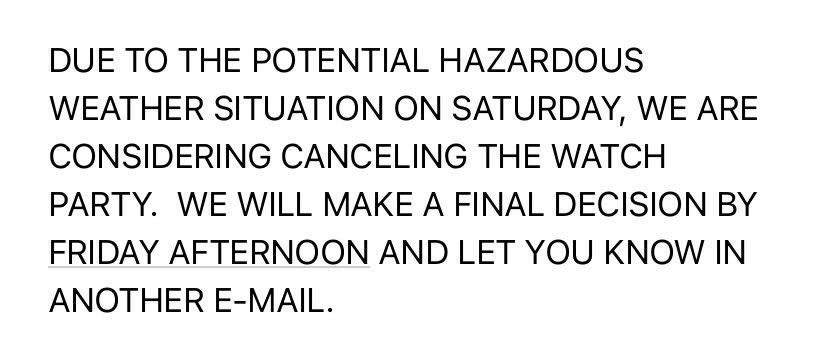 PSAANebraska's tweet photo. 🚨 🚨 Penn State family and friends, due to the weather forecast our Outback Bowl watch party may be cancelled. Please check emails or keep an eye on our social media accounts for a decision by Fri, 12/31 afternoon. 
#weare #pennstate #psaanebraska #pennstatefootball #psualumni https://t.co/Bzt2wSs95A