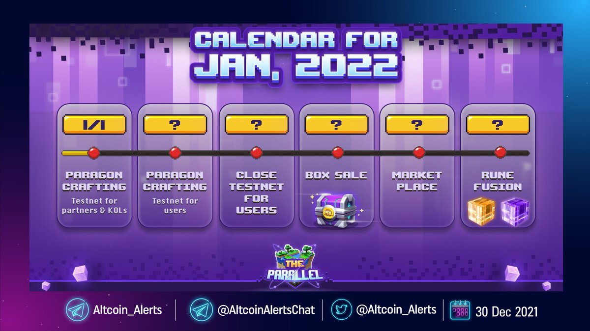 Altcoin_Alerts's tweet photo. 🔔 The Parallel January 2022 Calendar !
#TheParallel IDO completed successfully on Seedify, Launchverse,  KrystalGO &amp; Starpunk. $PRL token is now listed on #Pancakeswap. The Parallel has announced its events for Jan 2022. @theparallel_io 

▪️Full Info https://t.co/Dro1D1Q3Yj https://t.co/pZtG80sr1i