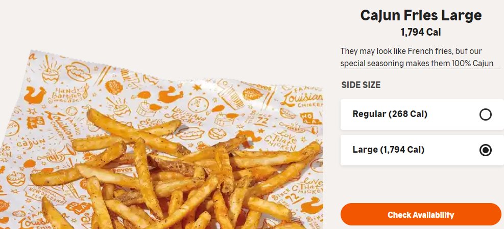 rmsersen's tweet photo. @Popeyes is a large cajun fry 804 calories or 1794 calories? Your website has conflicting information. https://t.co/KrD53Gefsb