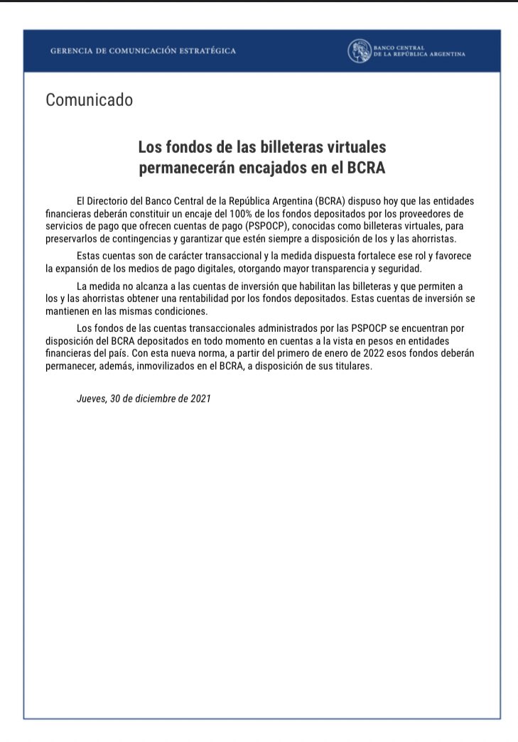 💣💣 para las fintech. Deberán tener los fondos de las billeteras virtuales encajados en el Banco Central.