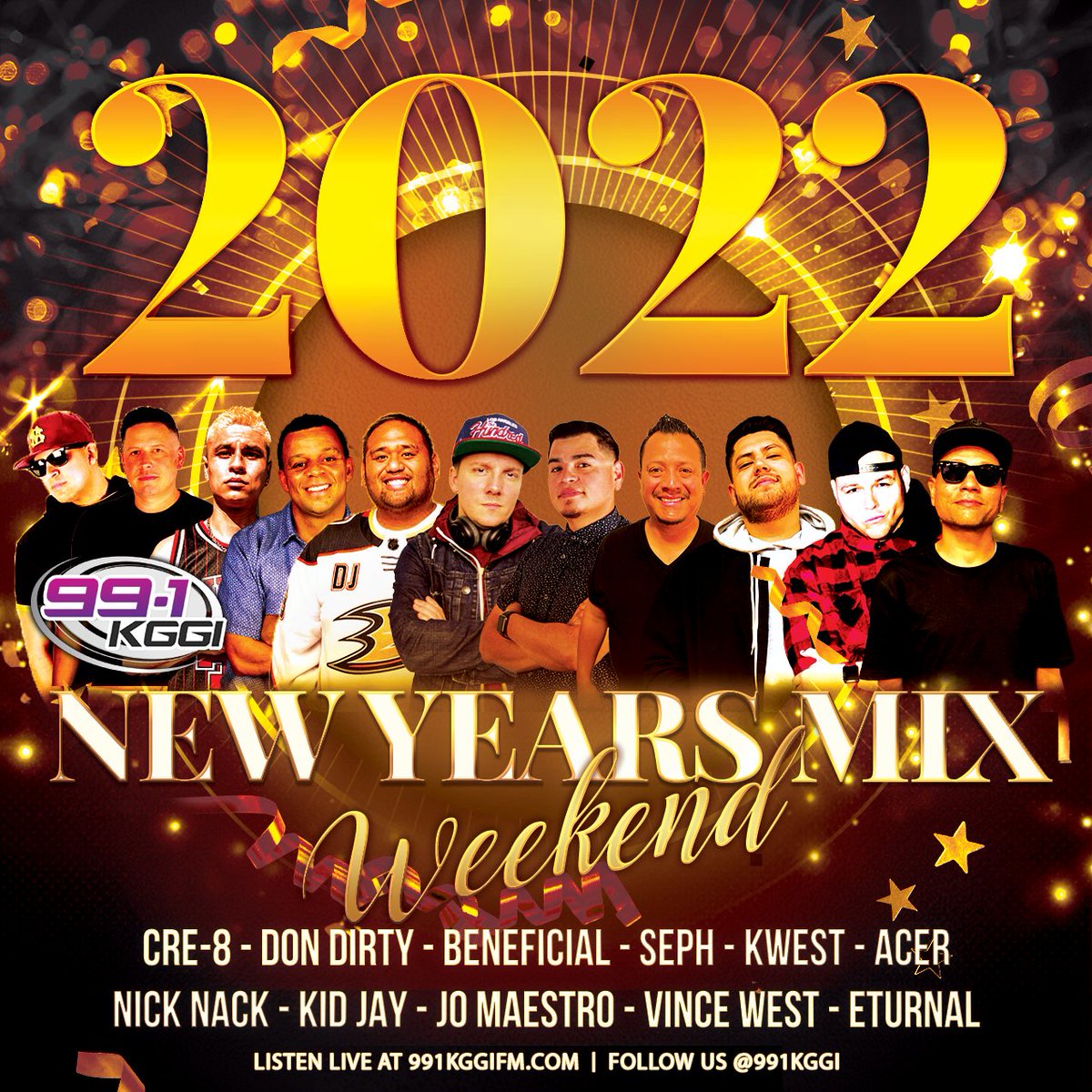 991KGGI's tweet photo. Turn your radios UP and get ready to blast off with our #PeaceOut2021 #NewYearMix by our all-star mixers on 99.1 KGGI Fri. 12/31 and Sat. 1/1! ✌🎆🎶 Listen LIVE at https://t.co/jBNrjUTMNm or on our @iHeartRadio app! #HappyNewYear from your 99.1 KGGI Fam! #HappyNewYear2022 https://t.co/94Zgii2niN