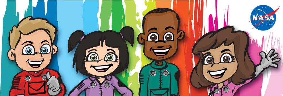 Colorful cartoon of 4 young kids