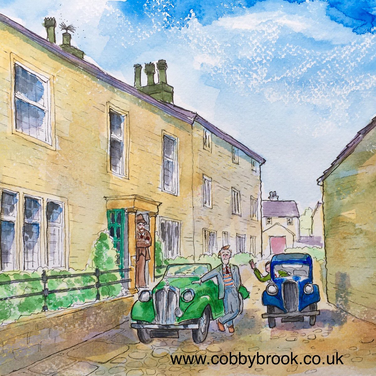 cobbybrook's tweet photo. ‘Tristan’s Big Day’ (detail) thrilled that this painting is owned by @cal_woodhouse!! Siegfried (@exitthelemming) looks on as James (@NicholasRalph_) passes by with a cheery wave #acgas @AllCreaturesTV @masterpiecepbs #cobbybrook https://t.co/pXuKaRuIaL
