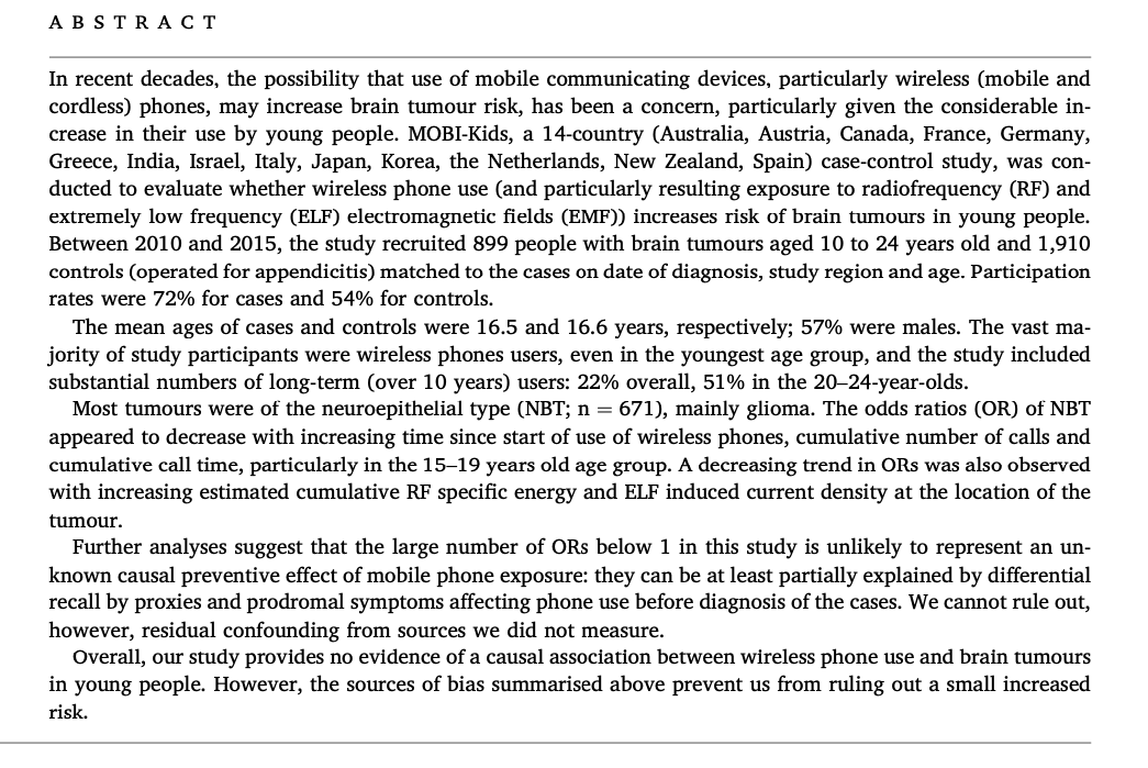 MicrowaveNews's tweet photo. Long-awaited MOBI-Kids epi study now out @env_int_journal.
It "provides no evidence of a causal association between wireless phone use and brain tumors in young people." However, sources of bias prevent "ruling out a small increased risk."
Open access
#RF
https://t.co/V3Jqn7jFk6 https://t.co/h4HSltKUuX