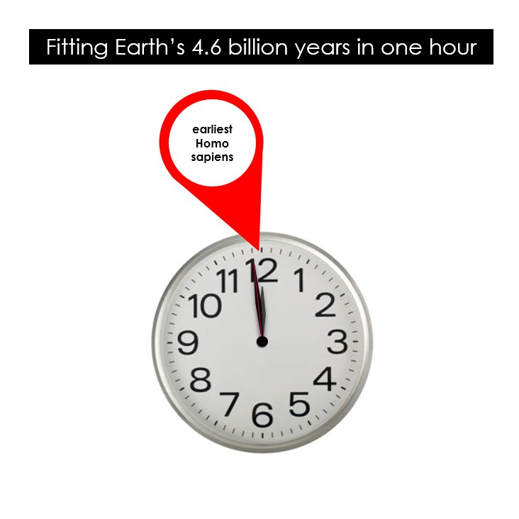 GSBelgium's tweet photo. #GSB125GeoFacts 2021 felt like a long year for us, but it is just a tiny fraction of Earth's age. If we shrink the geological time scale to fit one hour, modern humans only appear in the last second. Happy New Year from the GSB! 2️⃣0️⃣2️⃣2️⃣🎉 https://t.co/sD3apMP12D