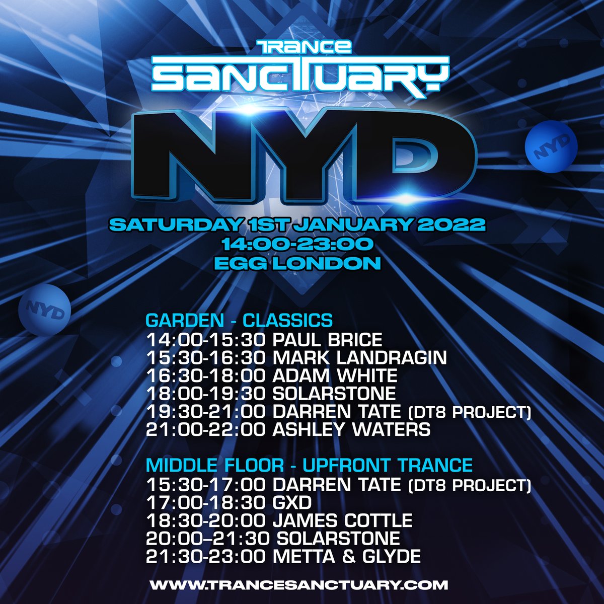 TranceSanctuary's tweet photo. Here's the set times for our NYD event in London featuring @richsolarstone @darrentate Adam White, @MettaandGlyde @DJJamesCottle Ashley Waters, @MarkLandragin @Bricey27. We can't wait! 
Tickets - https://t.co/6BkbalCfA0 
#trance #trancefamily https://t.co/pYOh7r1uUR