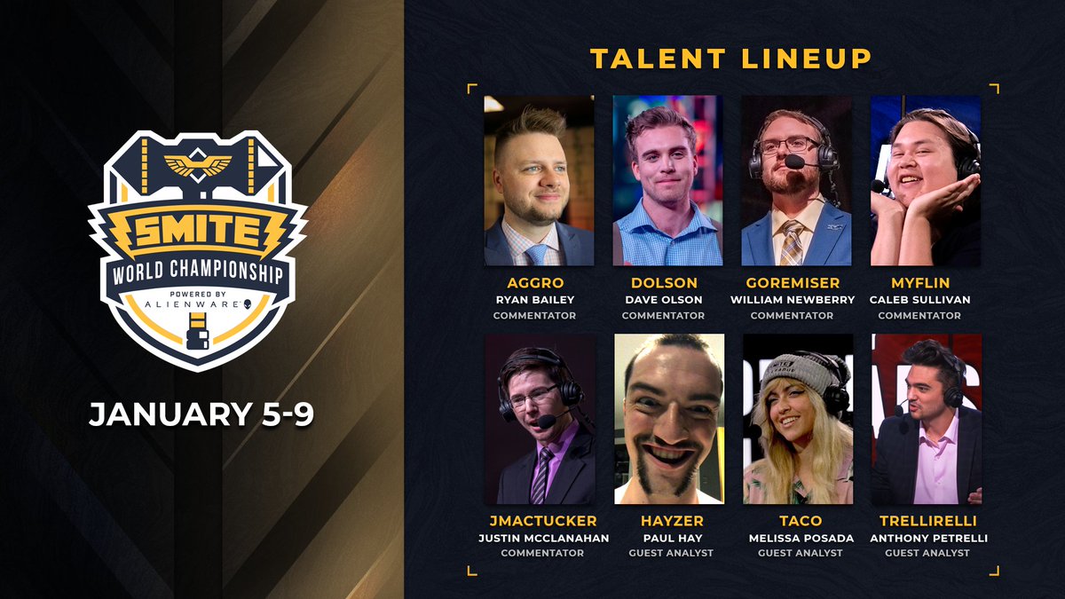 Smite2Esports's tweet photo. 🚨INTRODUCING our SMITE World Championship TALENT TEAM!🚨

⚡ @Aggro 
⚡ @DolsonLive 
⚡ @GoreMiser 
⚡ @myflintv 
⚡ @_JMacTucker 
⚡ @HayzerSmite 
⚡ @thebesttaco 
⚡ @TrelliRelli 

Only six (6) more days until the action commences 😱🔥 Get ready to watch this team in action! https://t.co/lJoVcQbsWQ