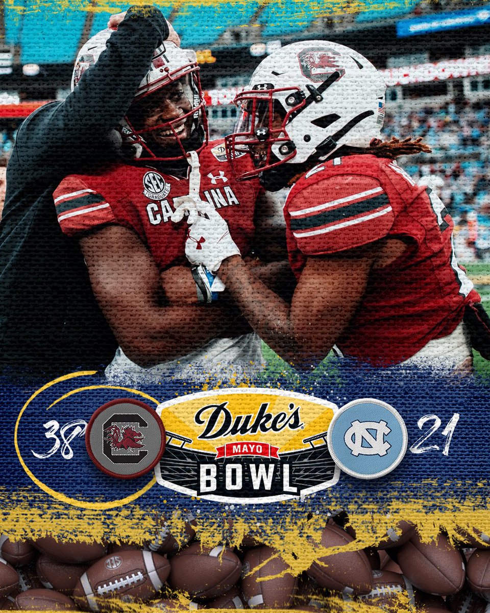 SEC's tweet photo. 𝒕𝒉𝒆 𝒄𝒂𝒓𝒐𝒍𝒊𝒏𝒂𝒔 𝒓𝒖𝒏 𝒈𝒂𝒓𝒏𝒆𝒕

@GamecockFB tops border rival North Carolina in the @DukesMayoBowl!

#ItJustMeansMore https://t.co/CgKK6ZE2rc