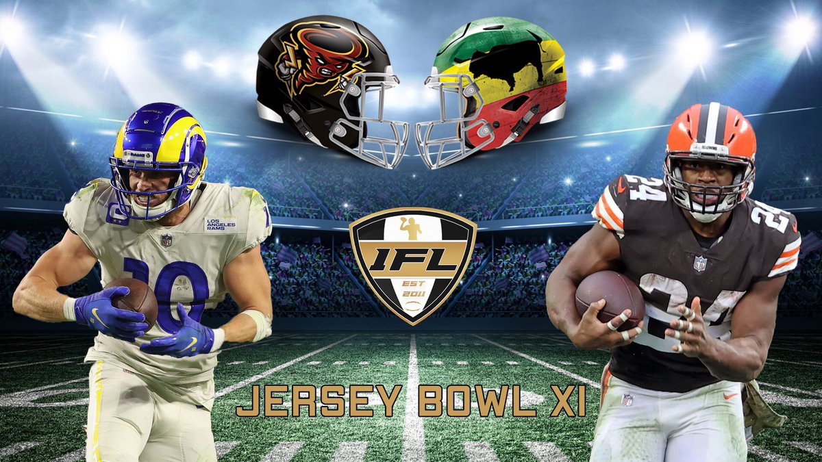 ThisIsThe1FL's tweet photo. #1FL Jersey Bowl XI.
Twisted Sack v Buffalo Soldiers.
Prescott v Rodgers.
Kupp v Chubb. https://t.co/b5c4qpmV1T