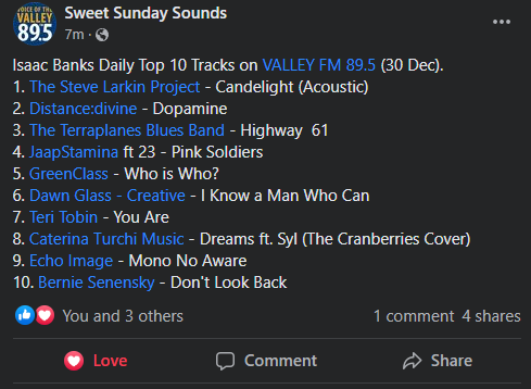 Absolutely amazing way to end 2021!! Thanks to 
<a href="/Valley895FM/">Valley FM 89.5</a> for slotting my new track Pink Soldiers (Remix) at number 4 in their top 10!! 

#squidgame #music #thursdayvibes #NewMusicAlert