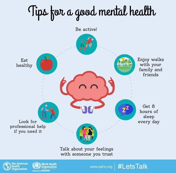🏋🏽 Exercise regularly
🍛 Eat healthily
😴 Get enough sleep
🍺 Limit alcohol intake
🗣 Talk about your feelings

<a href="/WHO/">World Health Organization (WHO)</a> has more tips on how to improve your mental well-being: bit.ly/2GNv996