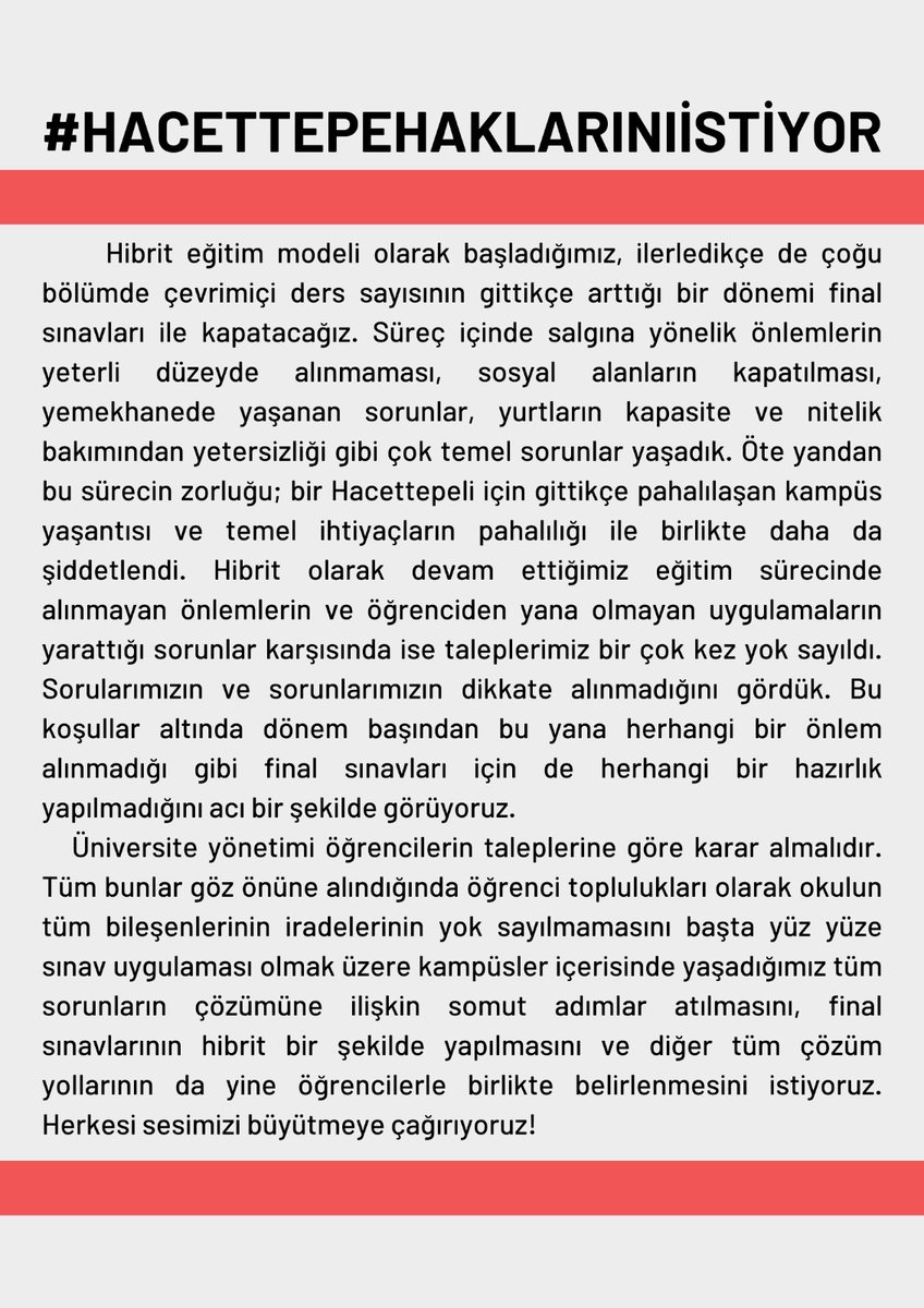 Rektörlük makamı, öğrencilerine "ben öyle bir şey görmüyorum/bilmiyorum" denilen yer değil, katılımcı anlayışla çözüm üretilen makamdır. #hacettepehaklarınıistiyor