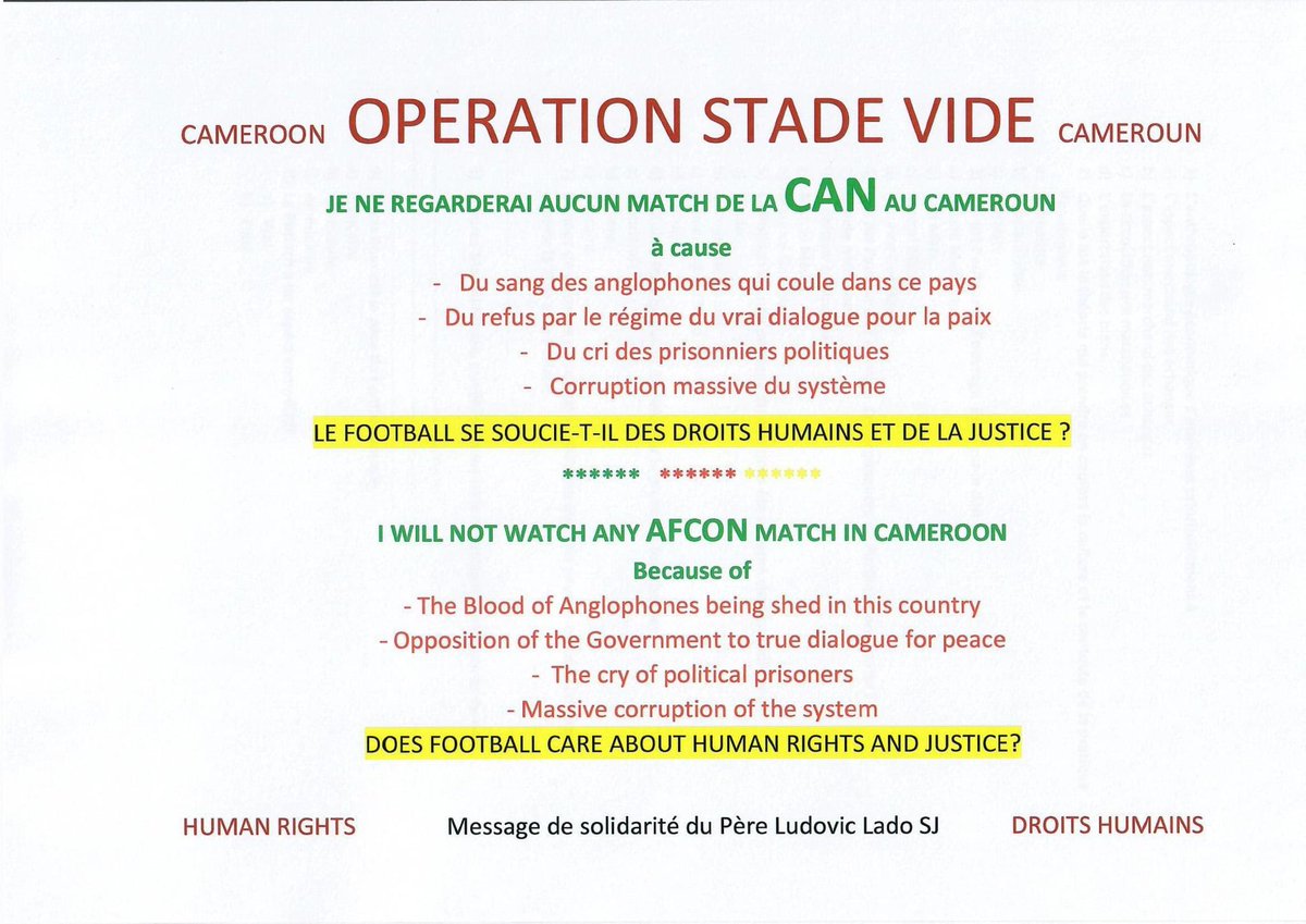 mbeatowe's tweet photo. 29Dec2021: Sur #facebook Le père jésuite Ludovic Lado @ladoludo appelle à ne pas assister aux matches de la #CAN, qui se tient chez nous à partir du 9 janvier. Il lance l’opération #StadeVide pour la libération de tous les prisonniers politiques du pays: https://t.co/aqCgl02Bme https://t.co/n5XIScvAwl
