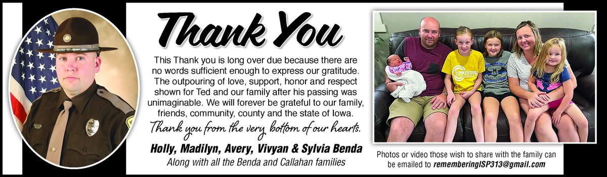 iowastatepatrol's tweet photo. #313Forever 💙🖤💛 The family of Trooper Ted Benda would like to share this message of thanks with all of you from grateful and grieving hearts.  #ALightInDarkness https://t.co/yaDsU1p1Gj