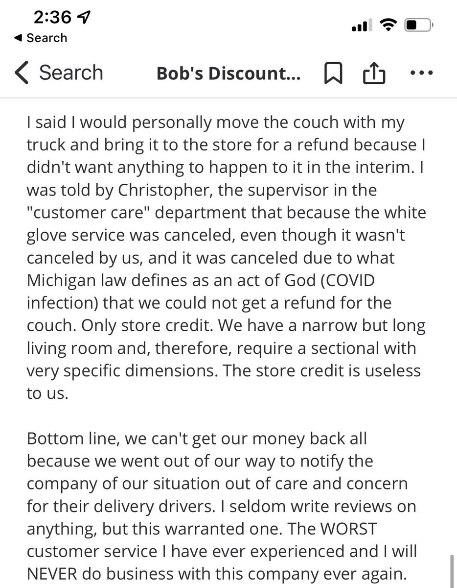 Justhere4ps's tweet photo. Just had the worst customer experience of my life with @MyBobs. Will NEVER do business here again. Attaching my experience and review! https://t.co/Rm7qdtX9h7