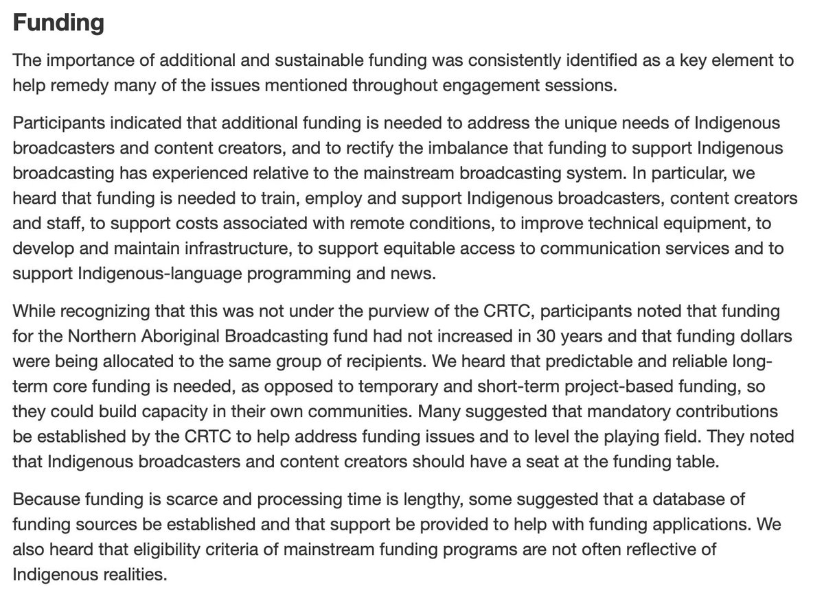 madinuk's tweet photo. Broadcasting *and* Telecommunications are intricately linked especially in Canada.  

Indigenous participants identified additional funding is needed to address the unique needs of Indigenous broadcasters &amp; content creators.  

One big way to get $$$ is by #IndigenousSpectrum. /5 https://t.co/HJCWKcLJwf