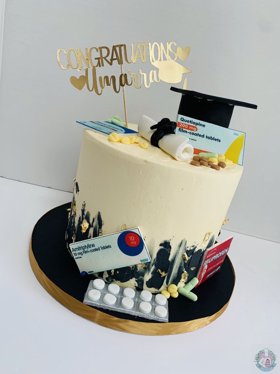 khalidskakes's tweet photo. When you get asked to do a pharmacy graduation cake and you used to be a prison nurse so you choose the medication you know best 😂 
#prisonnurse #prison #pharmacy #pharmacist #cake  #grad #gradcake #congratulations https://t.co/QT3eq89XU2