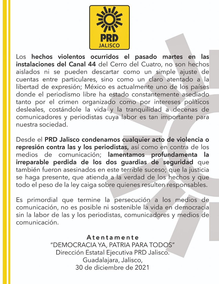 Alto a la violencia en contra de los medios de comunicación. 
<a href="/FiscaliaJal/">Fiscalía del Estado de Jalisco</a> <a href="/CANAL44TV/">Canal 44</a>
