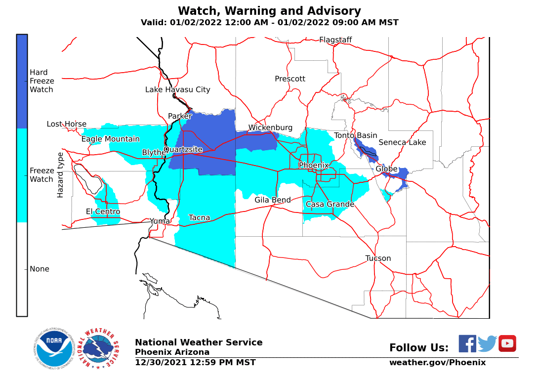 NWSPhoenix's tweet image. We have issued freeze watches and hard freeze watches for much of the area on Sunday morning. If you have any cold weather preparations to make, complete them as soon as possible. #azwx #cawx