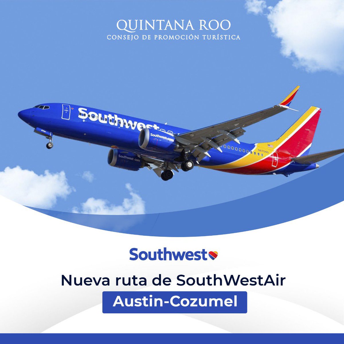 CPTQROO's tweet photo. A partir del 11 de junio el #CaribeMexicano recibe la nueva ruta de @SouthwestAir Austin-Cozumel, con una frecuencia a la semana.

#TurismoQRoo https://t.co/Pi80zOd6hd