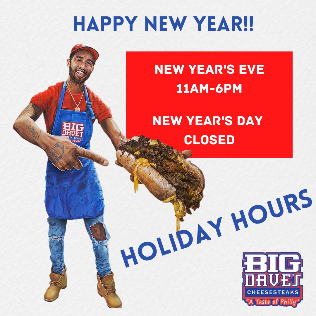 BD_Cheesesteaks's tweet photo. What up Big Dave’s Family?! We’re here for your New Year's Eve needs, we will be open from 11am - 6pm. Bring in the New Year with Big Dave’s Cheesesteaks!
#BigDavesCheeseSteaks #phillytoatlanta #phillyfoodie #homemade #salmon #waterice #culture #blackowned #eggrolls #realdeal https://t.co/o6Hlo2ojv0