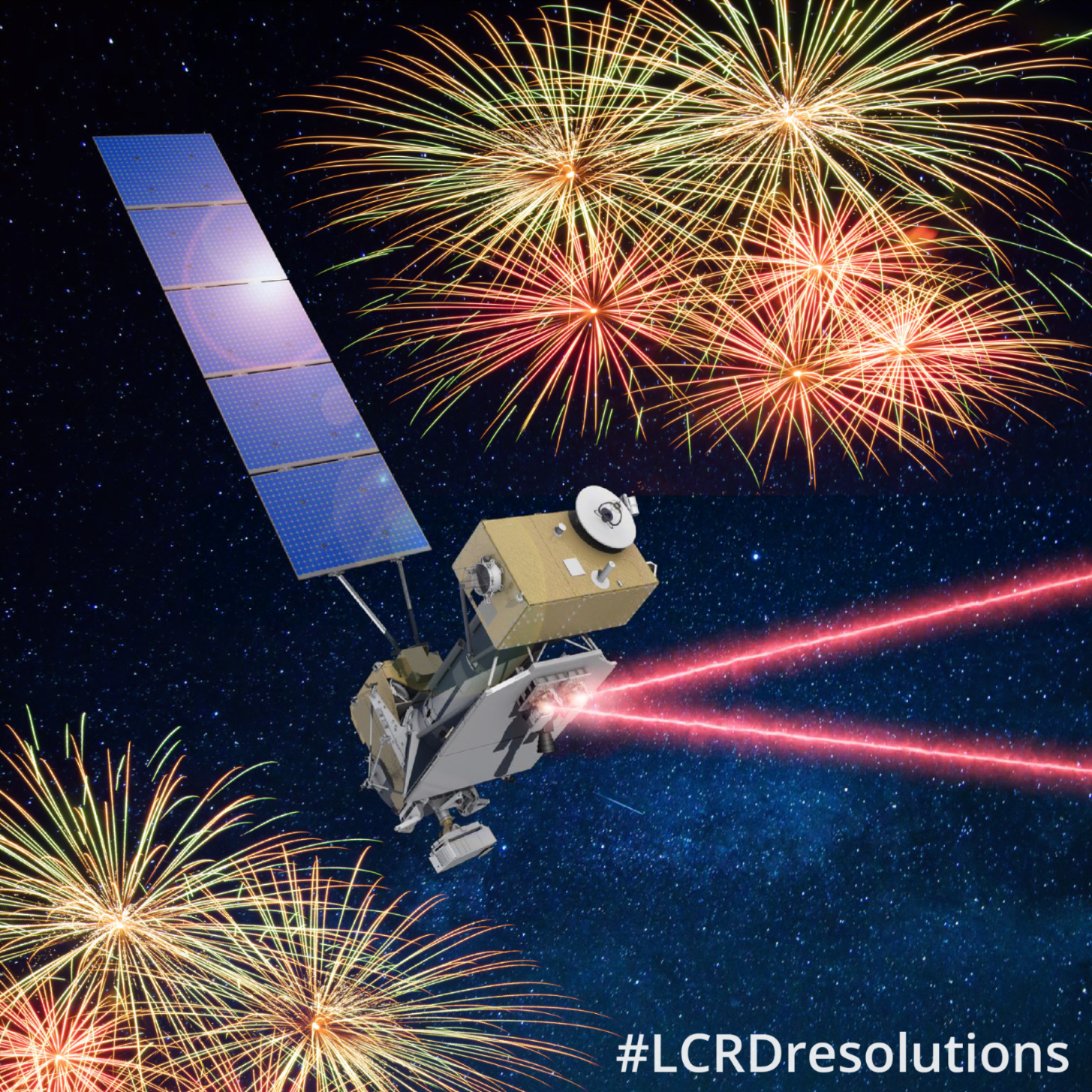 Illustration of the Laser Communications Relay Demonstration satellite relaying a laser signal, with a background filled with colorful fireworks