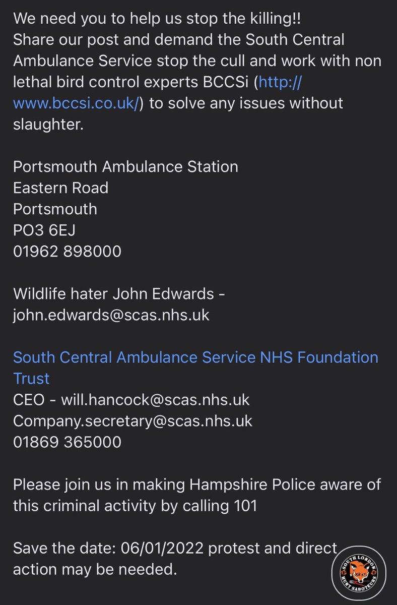 southlondonsabs's tweet photo. Unlawful New Years slaughter for hundreds of birds planned at Portsmouth Private Ambulance station P03 6EJ 

06/01/22

Wildlife hater John Edwards - john.edwards@scas.nhs.uk

01869 365000

Call Hampshire police if you spot this unlawful activity 101

https://t.co/PkwtloDiaC https://t.co/sOKzuDJ0WE