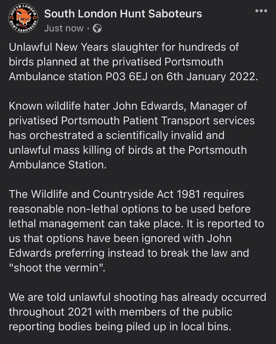 southlondonsabs's tweet photo. Unlawful New Years slaughter for hundreds of birds planned at Portsmouth Private Ambulance station P03 6EJ 

06/01/22

Wildlife hater John Edwards - john.edwards@scas.nhs.uk

01869 365000

Call Hampshire police if you spot this unlawful activity 101

https://t.co/PkwtloDiaC https://t.co/sOKzuDJ0WE