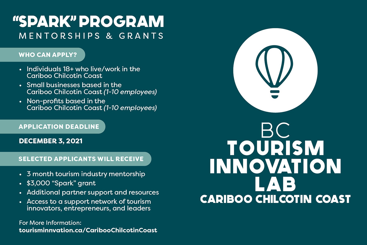 DestinationBC's tweet photo. The application deadline has been extended for the CCC "Spark" program, to give tourism businesses &amp; entrepreneurs impacted by recent weather-induced emergencies more time to apply. The new deadline is Feb 18, 2022 @TourInnovation @CarChiCoa 
https://t.co/TBQV2x2jbO https://t.co/bGy1HB73Pl