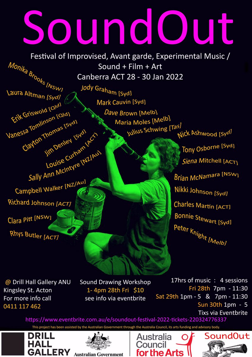 RichardSoundOut's tweet photo. SoundOut 2022  28 - 30 January #freeimprovisation #freejazz #experimentalmusic #experimentalfilm #soundart #Canberra #sounddrawing https://t.co/QEJKlYc8ia