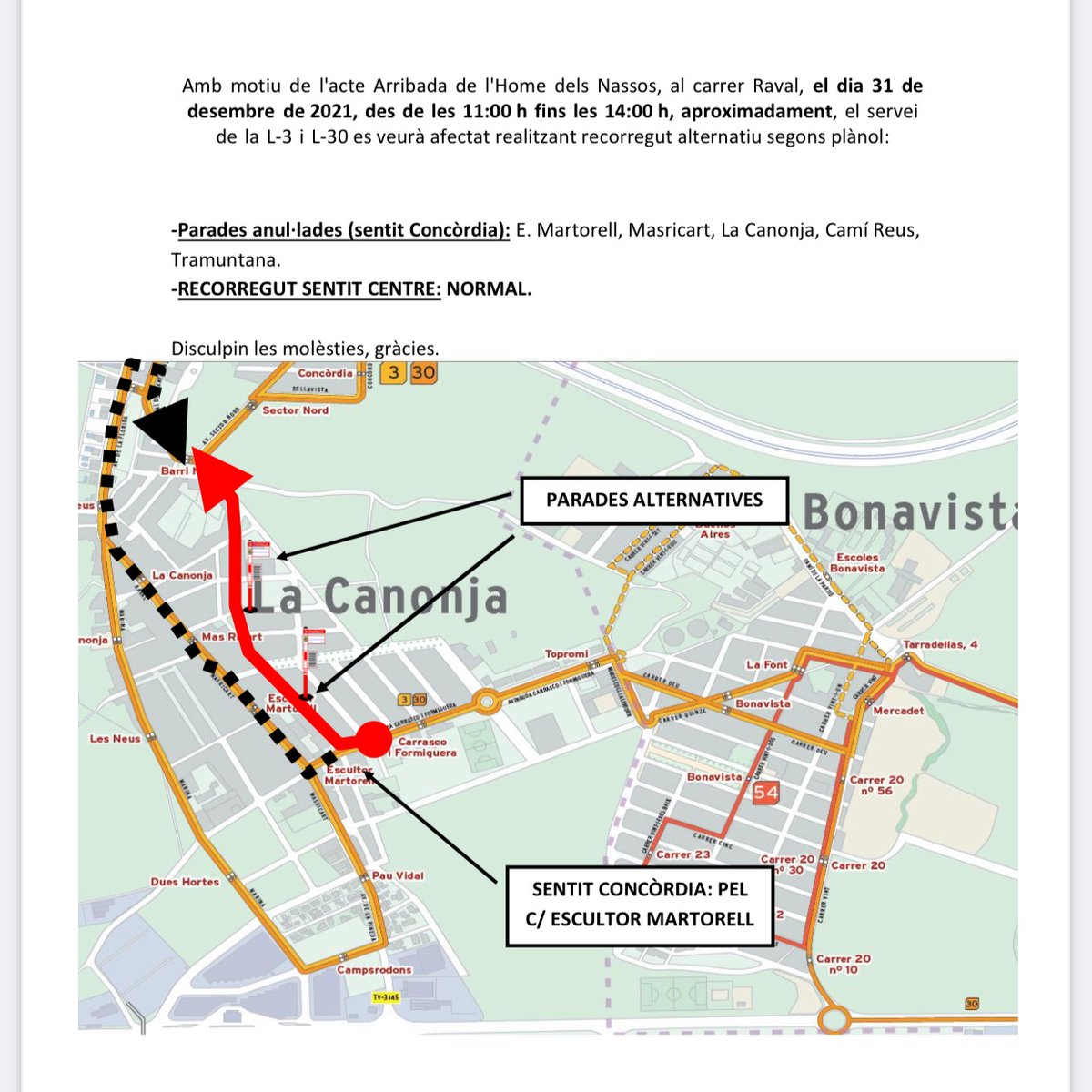 lacanonja112's tweet photo. Amb motiu de 🎭l’Arribada de l’Home dels Nassos que, recorrerà els carrers del poble fins a arribar a l’Ajuntament, es ⛔️ tallarà el trànsit al carrer Raval, la qual cosa afectarà a les 🚏🚍 línies 3 i 30 dels autobusos de l’EMT que hauran de realitzar el recorregut alternatiu. https://t.co/do78qSpp4O