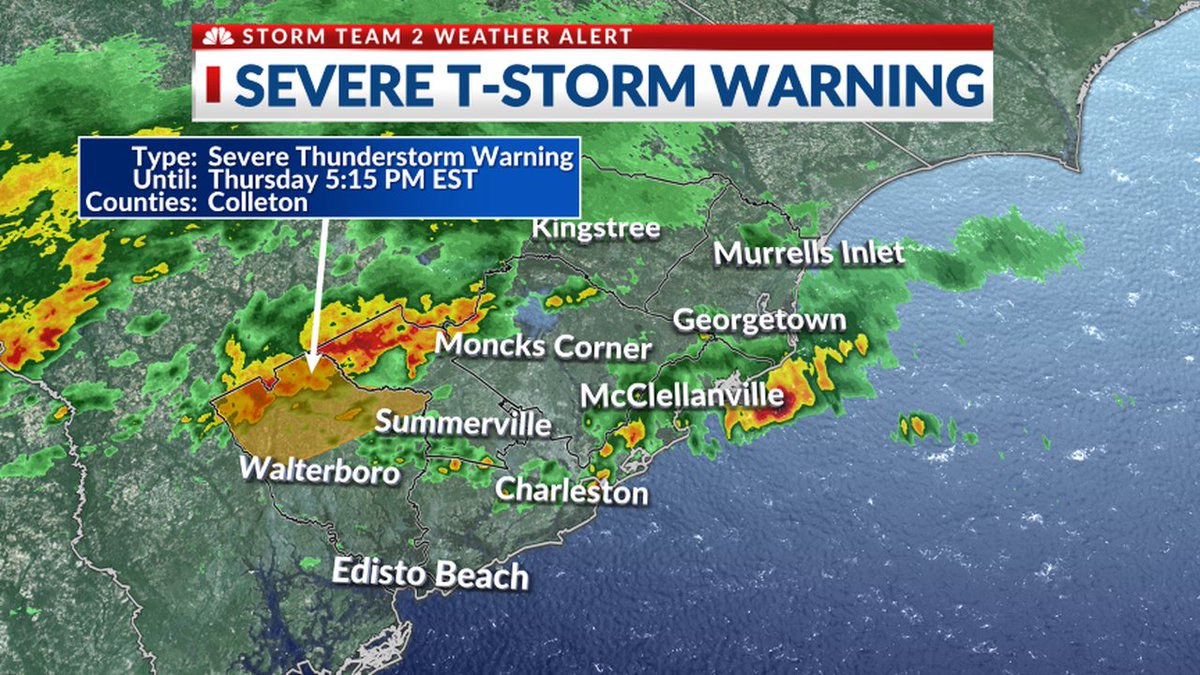 WEATHER ALERT: A Severe Thunderstorm Warning has been issued for the area shaded in orange below. Prepare for wind damage and large hail. Seek shelter now! #chswx #scwx