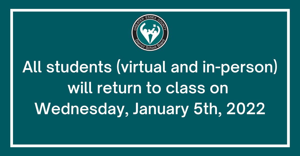 Update from the Government of Ontario on December 30th, 2021: All students (virtual and in-person) will return to class on Wednesday, January 5th, 2022. Additional information will be forthcoming with respect to updated protocols: bit.ly/3FKXVAA