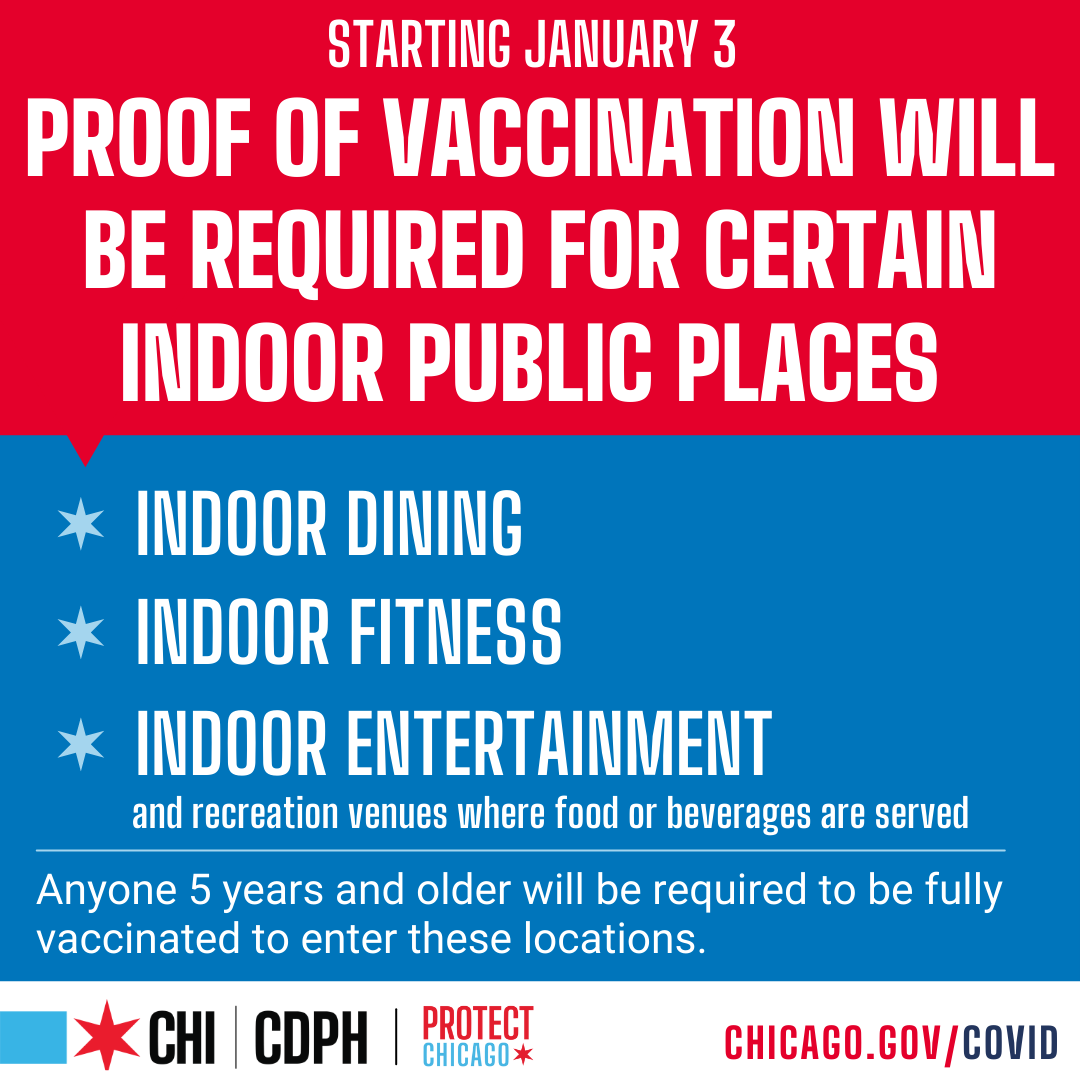 As stated by the Chicago Vaccine Requirement, starting on Monday January 3rd, anyone entering the Swim Studio ages 5 and up must present proof of vaccination and those ages 16 and up must also show photo ID.   More specifics will be coming to adults and families on our schedule.