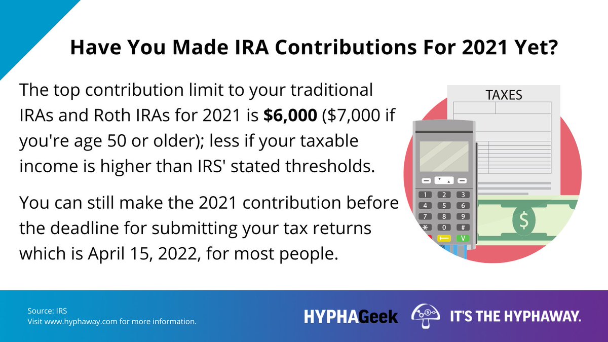 Hyphaway's tweet photo. HYPHAGeek: Have You Made IRA Contributions For 2021 Yet?
#HyphaWay #retirement #investment https://t.co/5GqXaZxuhN