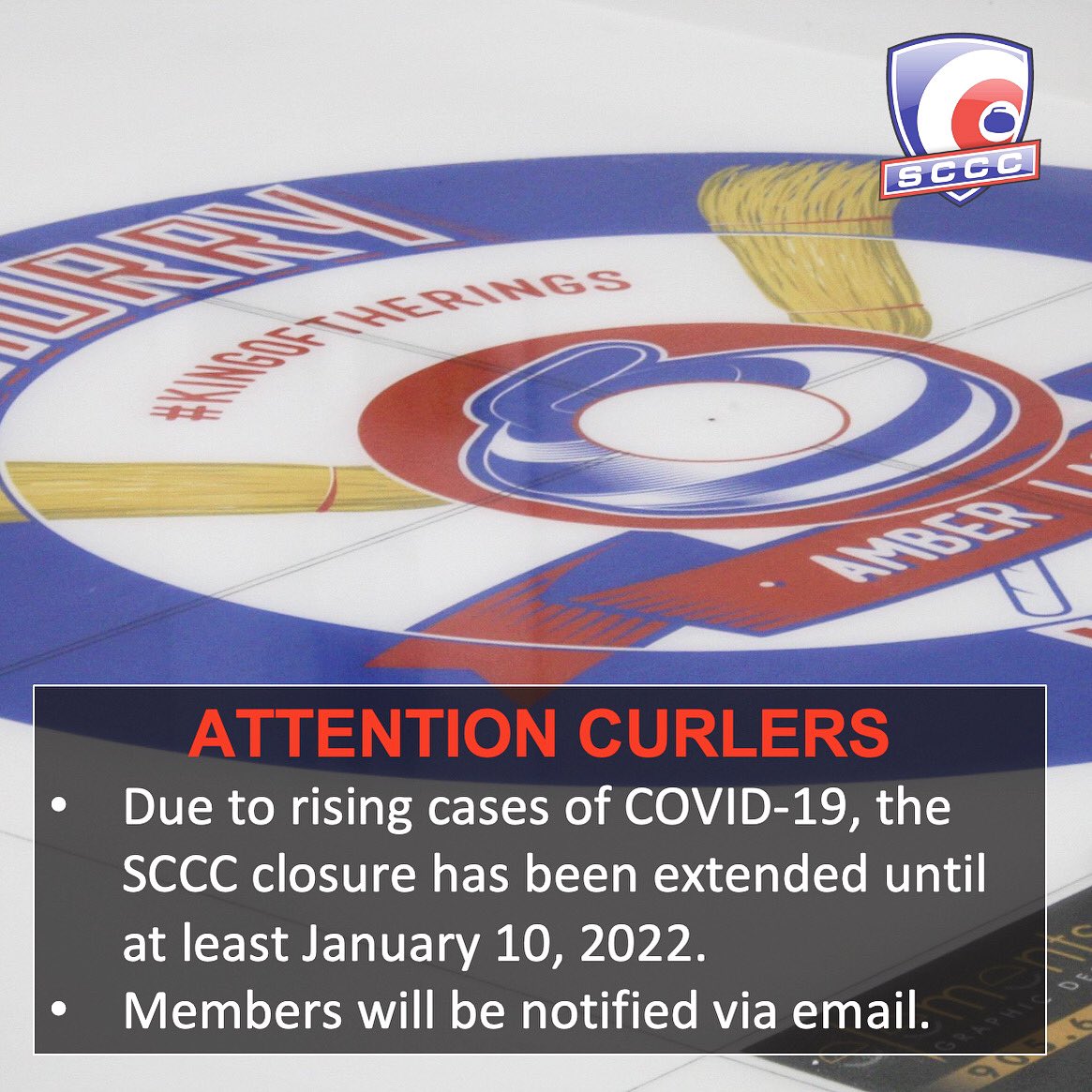 Attention Curlers! 🥌❄️
Due to rising cases of COVID-19, the SCCC closure has been extended until at least January 10, 2022. 
Members have been notified of this change via email. 
For more information visit: stcatharinescurlingcentre.ca
#stcatharines #curling