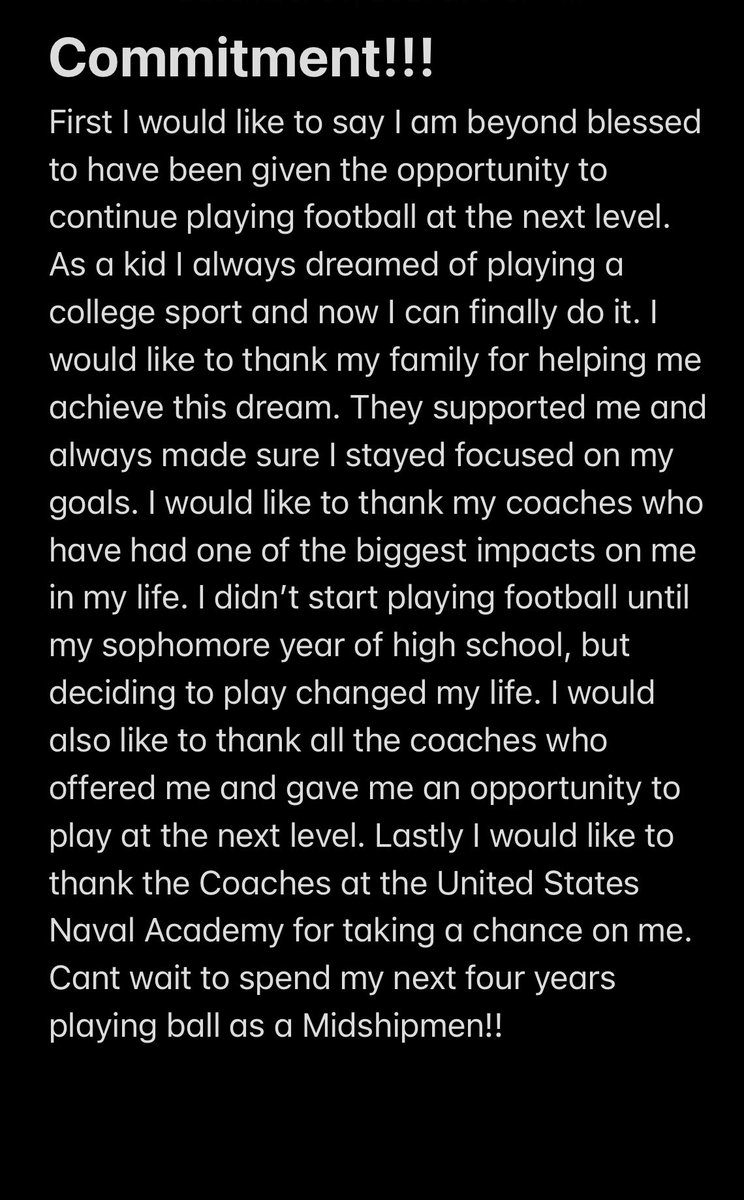 AydenWheless's tweet photo. Extremely blessed to continue my football and academic career at The United States Naval Academy! @CoachAIngram @D_WallCoach @broadneckfb https://t.co/qa8F25WixX