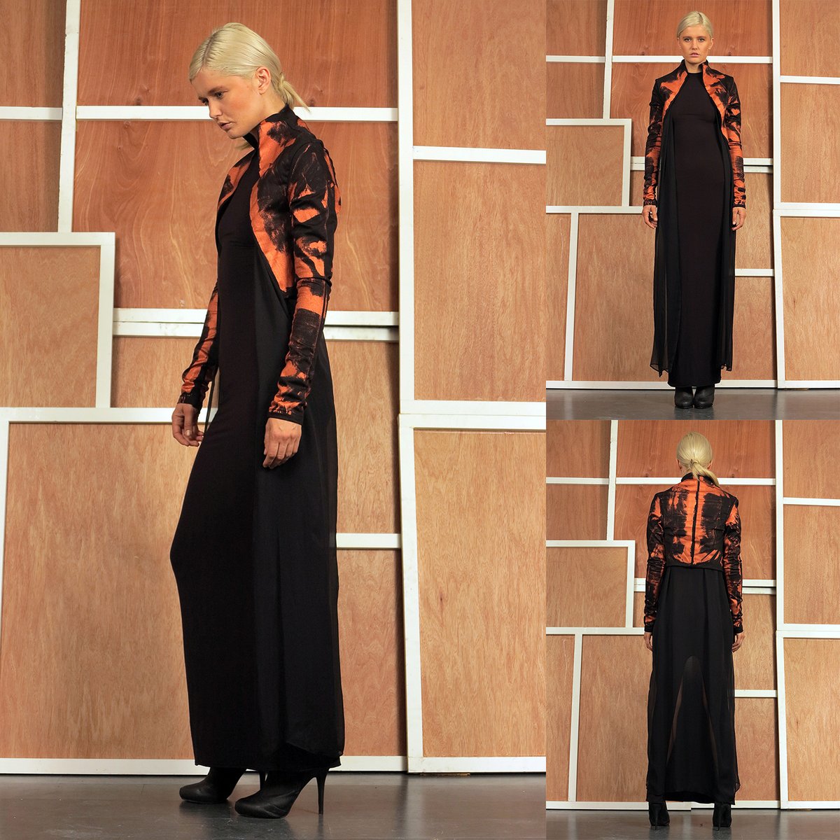 mikevensel's tweet photo. Physical fashion as NFTs' original 1 of 1 complete couture look consisting of handmade hand painted black denim jacket, silk chiffon cape and bamboo dress from my show at #acemuseum #nftfashion #nftcollector #nft #fashion #digitalfashion #mikevensel https://t.co/VDSreT8XMn https://t.co/uVUdROPO0J
