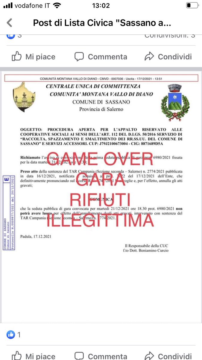 DAmatoIngeo's tweet photo. BOCCIATO IL #COMUNEDISASSANO - il TAR di Salerno ha dichiarato illegittima la gara per i rifiuti “blindata” alle sole cooperative sociali di quasi 3.000.000,00 €.
Dopo aver speso circa 30.000 euro per essere sicuri del risultato il tribunale ha bocciato.
#sassanoancorasipuò https://t.co/dSWCHCCJBC