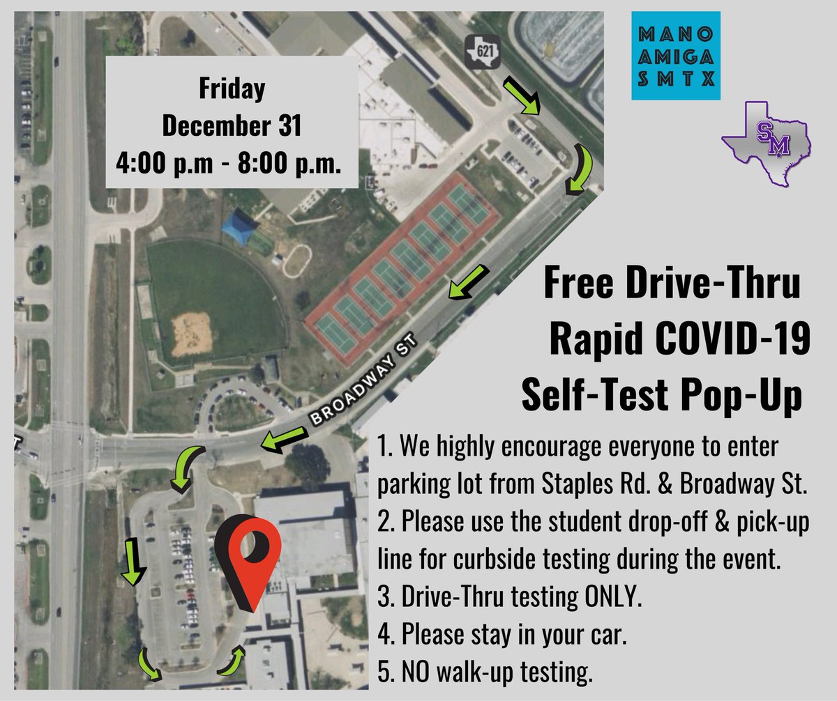There will be FREE Rapid COVID-19 Testing in San Marcos on Friday, December 31 from 4pm-8pm at Goodnight Middle School! Thanks <a href="/ManoAmigaSM/">Mano Amiga</a> &amp; <a href="/SanMarcosCISD/">San Marcos CISD</a> for making this happen! You can also schedule a PCR COVID-19 test with <a href="/Curative/">Curative</a> in #SMTX here: book.curative.com/sites/24667