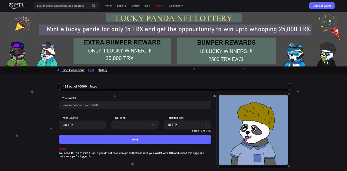Kraftlynft's tweet image. 🥳 500 Lucky Panda NFTs have been minted already

💰 1st lottery draw to select the winner of 2500 TRX cash prize happens at 1000th mint

🤩 Get yourself a lucky panda for 15 $TRX ONLY  and participate to win up to 25.000 #trx

🤩 11 lucky winners..!!!