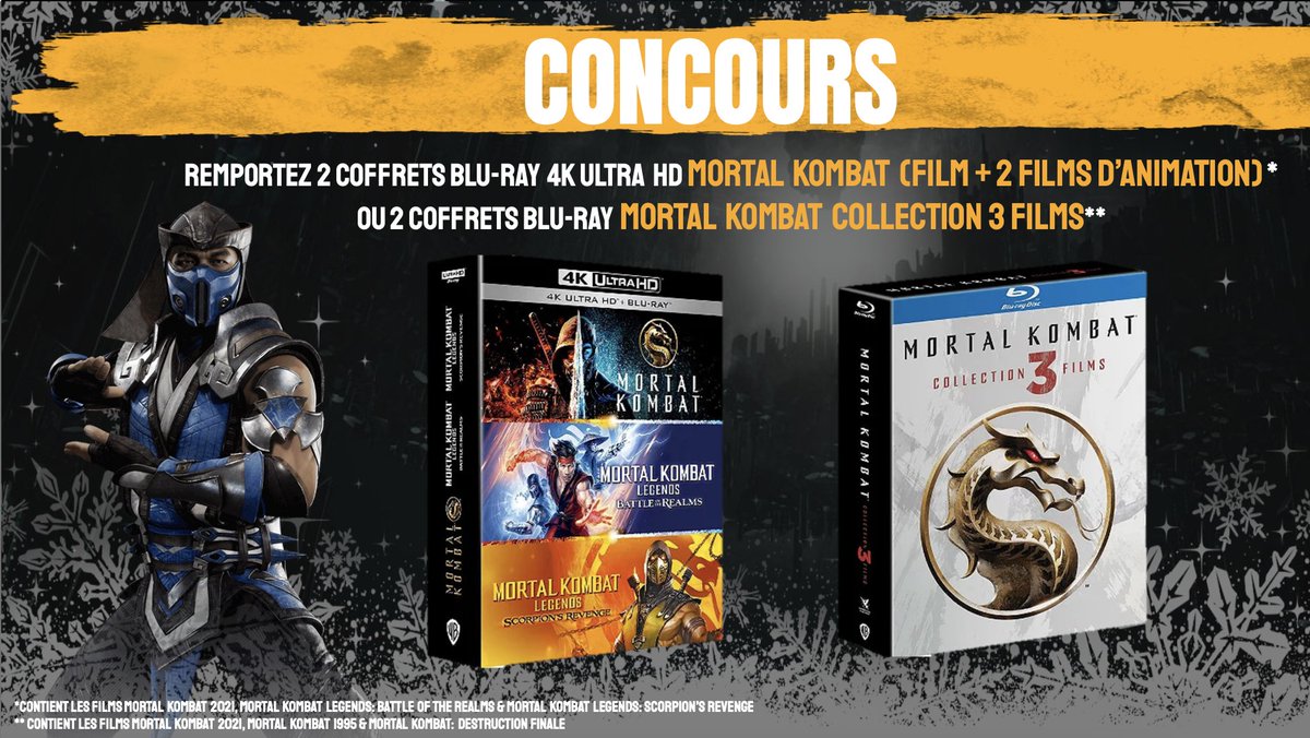 ❄️CONCOURS MORTAL KOMBAT❄️
Pour tenter de remporter un des 2 coffrets Mortal Kombat, vous devez :
🔁 RT &amp; Follow <a href="/wbgamesfr/">Warner Bros. Games France</a> 
👩‍💻 Commenter #MortalKombat &amp; quel Coffret vous souhaitez gagner
🍀TAS : 07/01/22
📜 Règlement : urlr.me/nRb4H