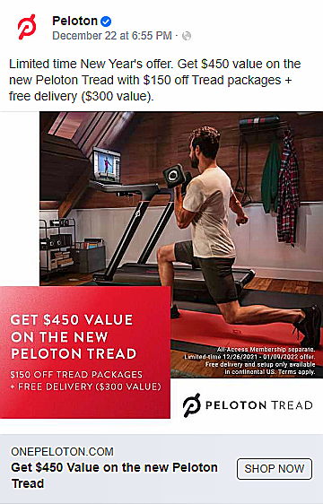 Pathmatics's tweet image. Brands care about your New Year's resolutions too. Last week, #Peloton's top creatives highlighted their limited New Year deals. After Christmas, daily advertising spend on #Facebook increased by 74%.

#PathmaticsExplorer