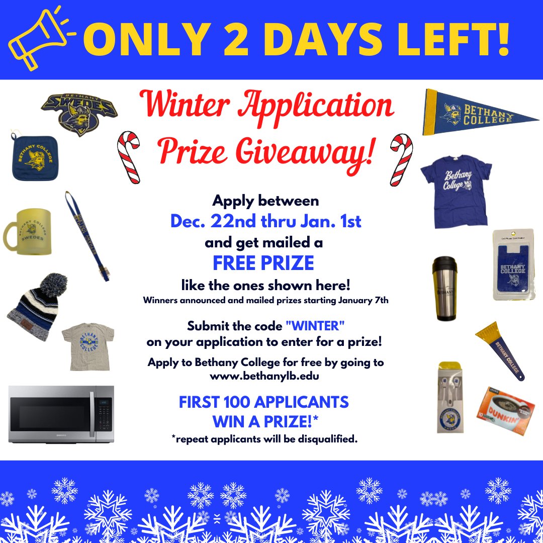 If you've been waiting on a good time to apply to Bethany College, THIS IS IT! 💙💛 Free to apply, easy to do, and start your future here! bethanylb.edu #swedeadmissions #bethanycollegelbk