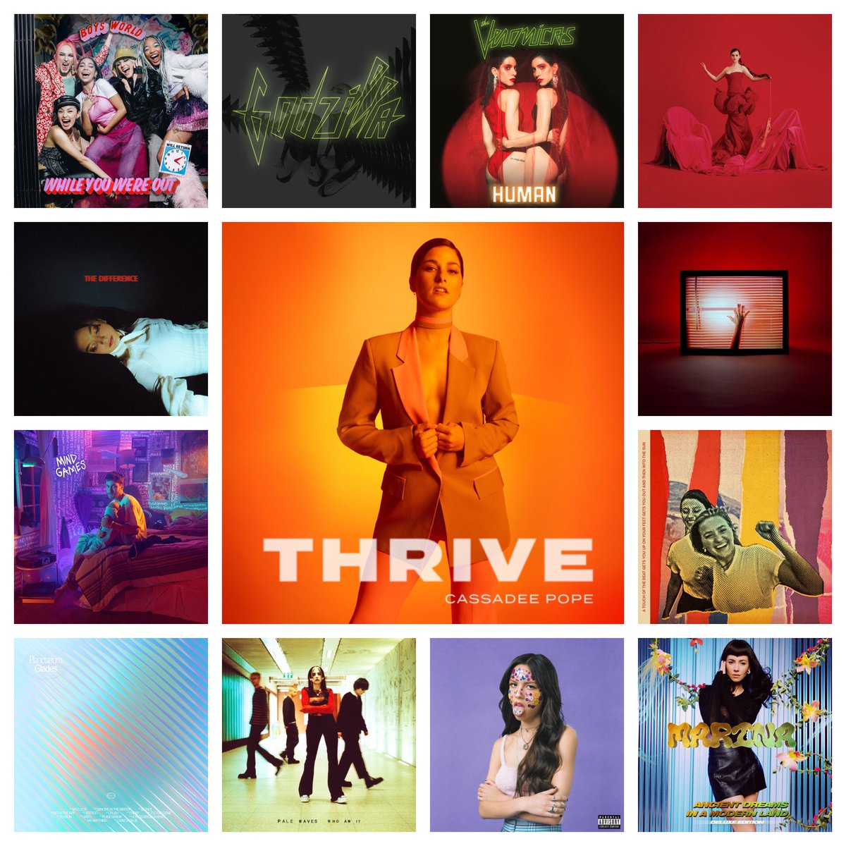 Izzy618's tweet photo. My Top 13 Albums & EPs of 2021
1.) @CassadeePope - #Thrive
2.) @boysworld - #WhileYouWereOut
3.) @TheVeronicas - #Godzilla
4.) TheVeronicas - #Human
5.) @selenagomez - #Revelación
6.) @Daya - #TheDifference
7.) @CHVRCHES - #ScreenViolence
8.) @jordysongs - #MindGames https://t.co/75QE0Y5bMc