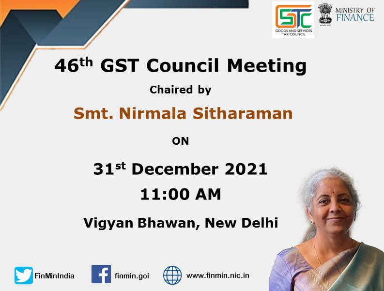FinMinIndia's tweet photo. FM Smt. @nsitharaman will chair the 46th meeting of the GST Council in New Delhi, today. The meeting will be attended by MoS for Finance Shri @mppchaudhary &amp; Shri @DrBhagwatKarad, besides Finance Ministers of States &amp; UTs and Senior officers from Union Government &amp; States. https://t.co/rtUlBb35s9