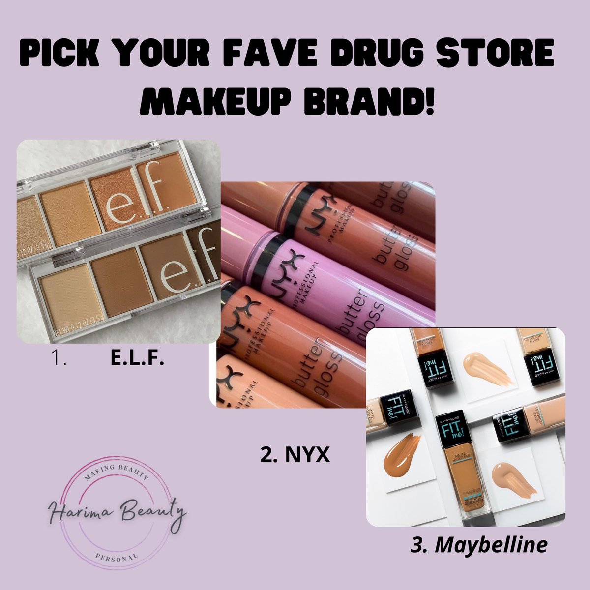 HarimaBeauty's tweet photo. What’s your favorite drugstore makeup brand?! #nyx #elfcosmetics #maybelline https://t.co/okMeJJAGRC