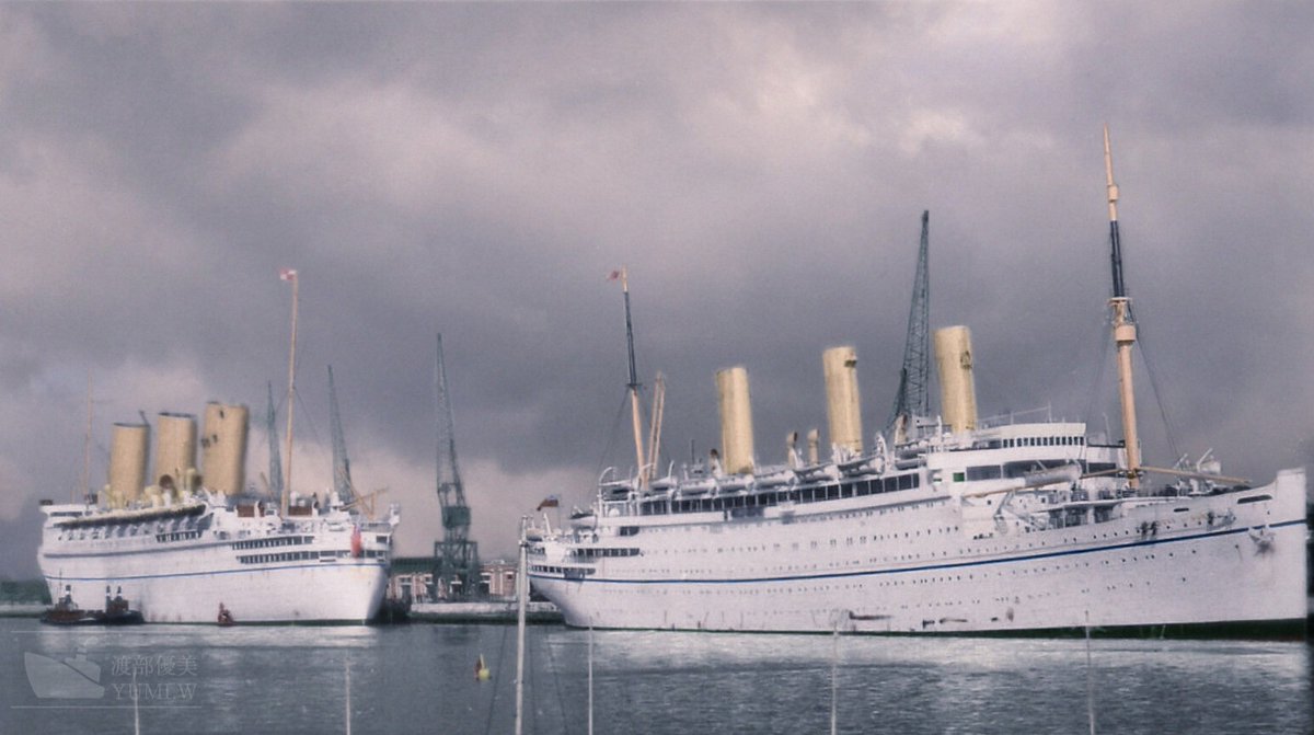 skybedz's tweet photo. Canadian Pacific SS Co. 🇬🇧
Empress of Britain (left)
Empress of Australia (Right)

#britain #britishship #oceanliner #passengership #empressofbritain #empressofaustralia #ships #ship #port #harbor #ocean #sea #art #colorization #colorizedhistory #colorized https://t.co/kNSDc2EXzG