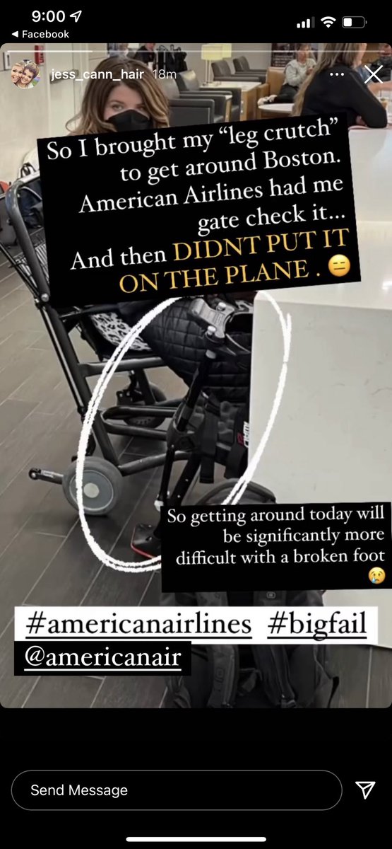 Ashlyn__A's tweet photo. @AmericanAir what the heck 🤬 she is traveling with a broken foot and she brought her “leg crutch” but was told to gate check it. Then you don’t put her crutch on the plane?! How can that even be possible?! Now she’s on a trip with extremely limited mobility.. someone fix this… https://t.co/FfjkdpkS9T