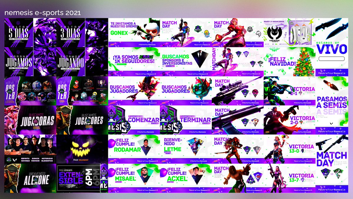 Algunos diseños que hice para <a href="/N3MESISESPORTS/">NƎMESIS 😈</a> este año. 💪🏼

Agradecido siempre por la oportunidad que me dan y la confianza de trabajar junto a ellos. 💜

¡Vamos por mucho más! 🔥